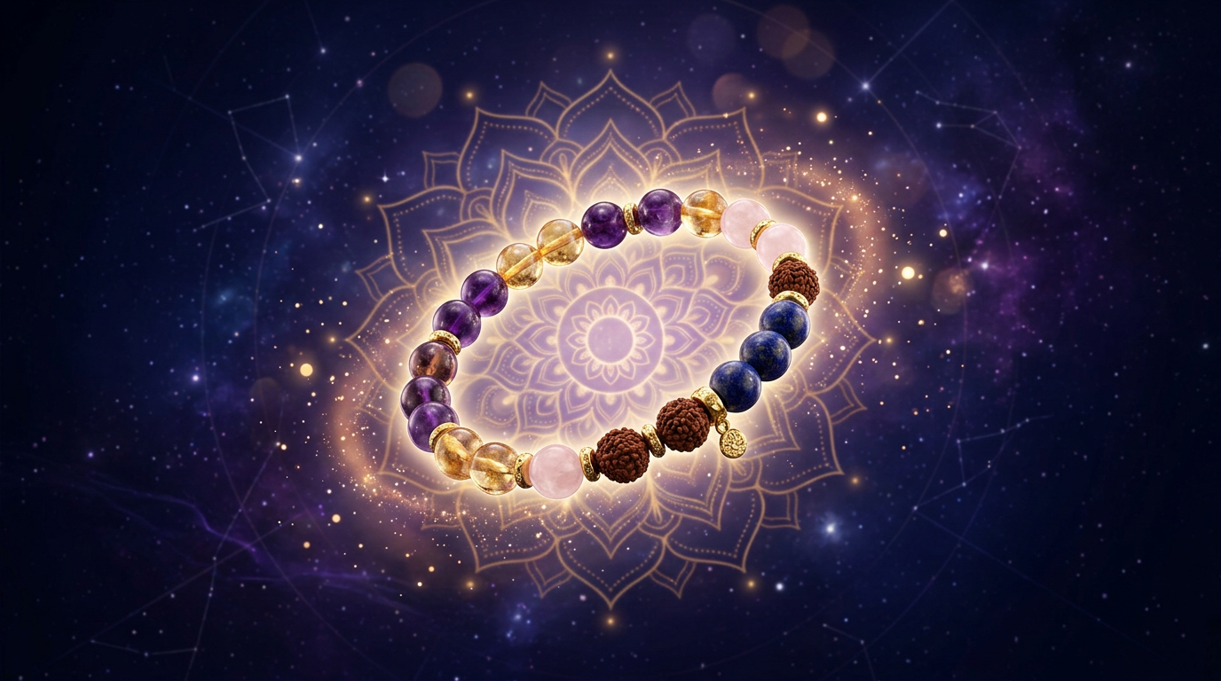 Astrologer-prescribed crystal bracelet with rudraksha, amethyst, citrine and rose quartz