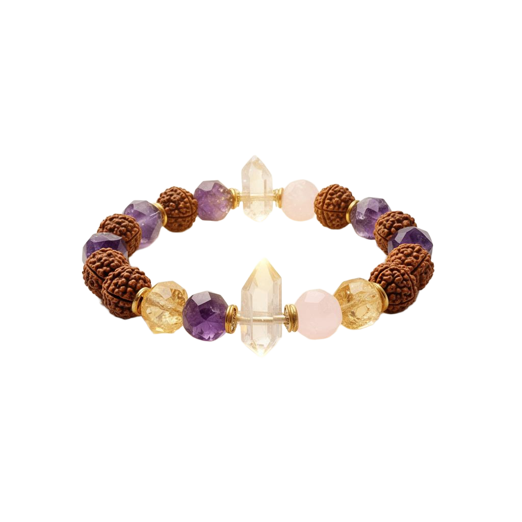Astrologer-prescribed crystal bracelet with rudraksha, amethyst, citrine and rose quartz